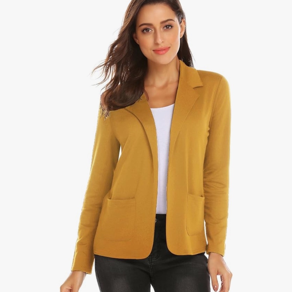 Women's Merigold Mustard Stretch Open Front Blazer Sz M w Pockets